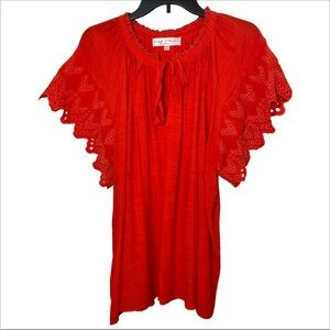 Chelsea & Theodore Red Eyelet Flutter Sleeve Blouse Plus 3X Boho Peasant Top